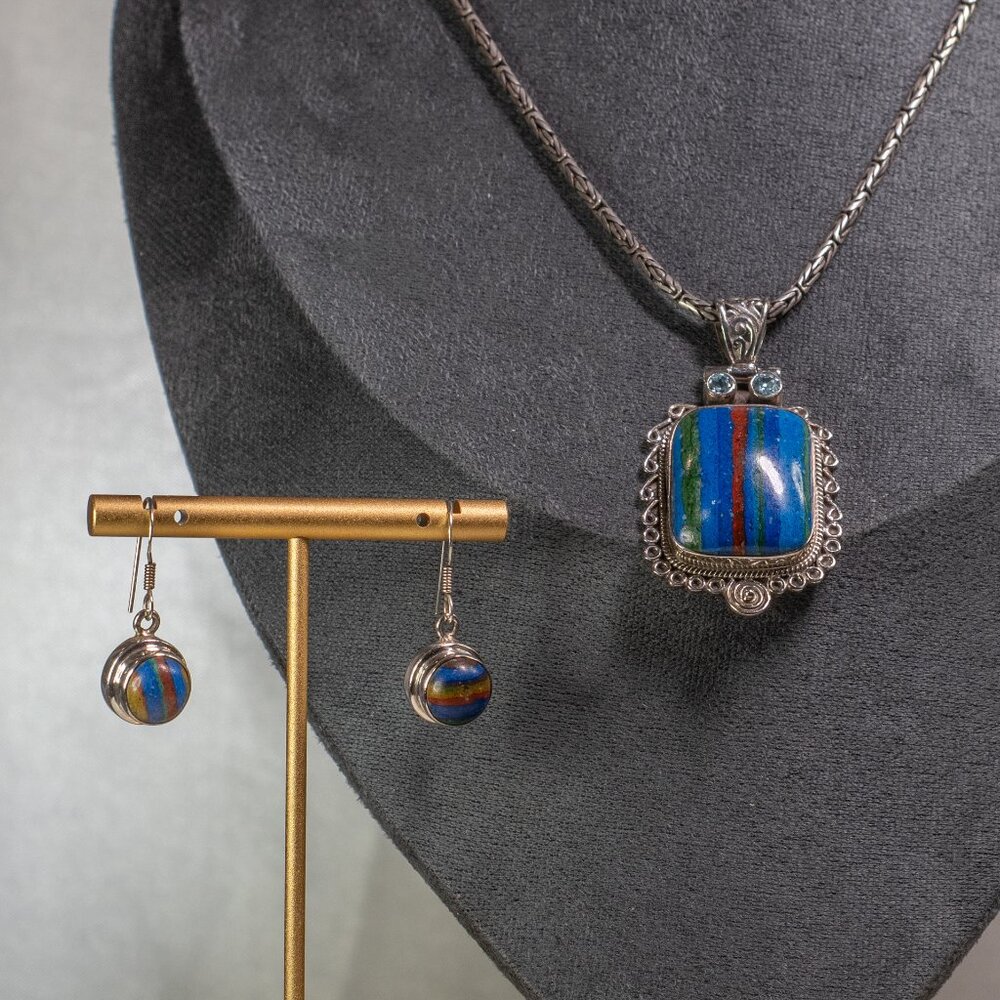Sterling silver rainbow calsilica pendant and earring set - PENDANT and earrings